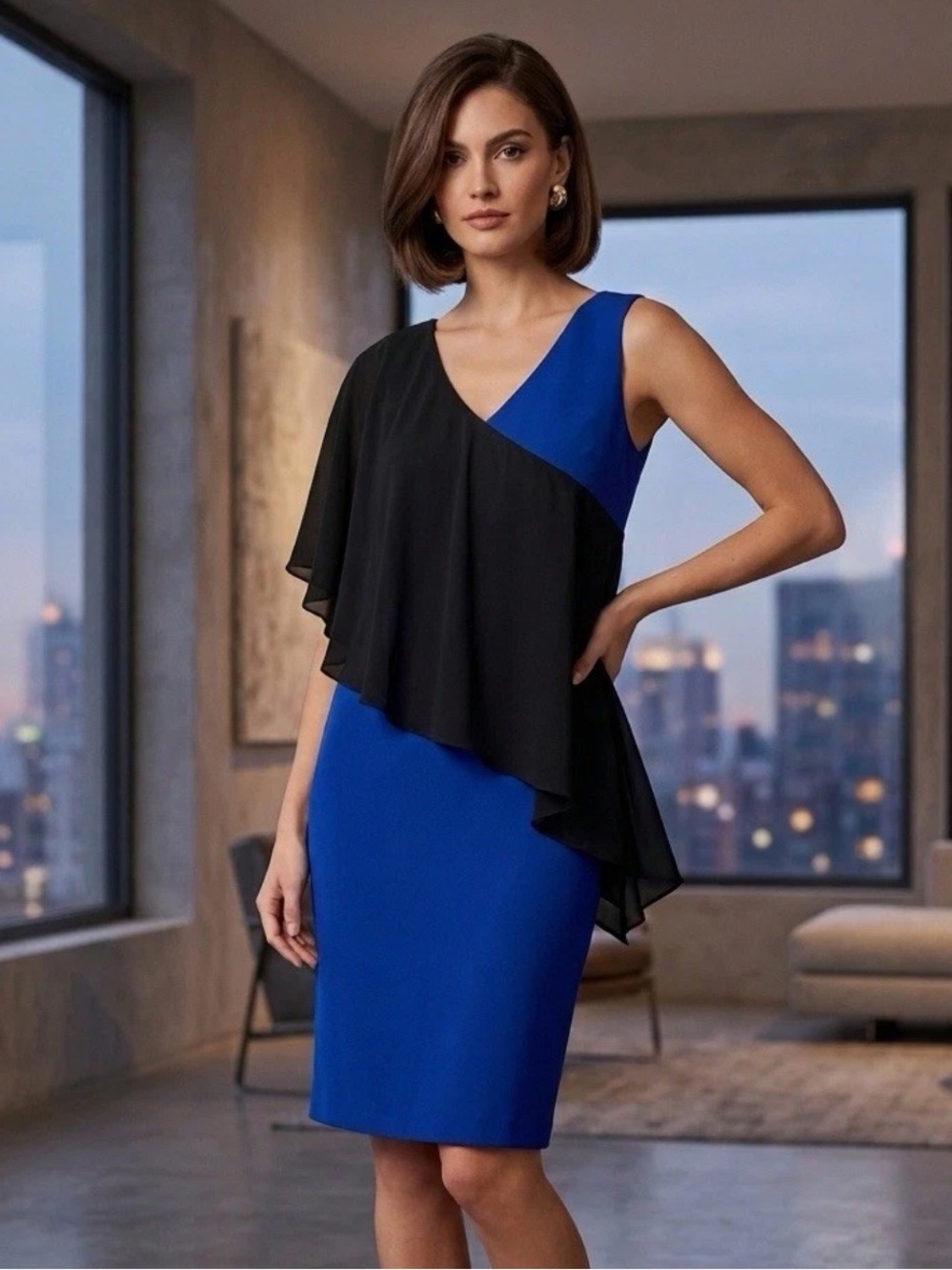 Tribal Blue and Black One-Shoulder Layered Midi Dress
